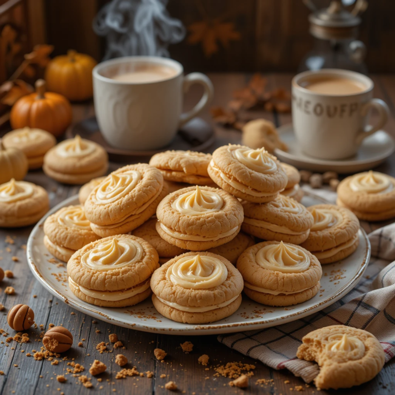 A cozy autumn kitchen scene with a generous plate overflowing with soft Biscoff cookies, some sandwiched with creamy Biscoff buttercream icing and others open-faced. The cookies are golden-brown, soft, and swirled with rich, spiced frosting. Several extra cookies are scattered on the table around the plate, along with crushed Biscoff crumbs. In the background: a rustic wooden table, a steaming mug of chai or latte, a beige or plaid cloth napkin, and warm, golden light filtering in for a comforting ambiance."