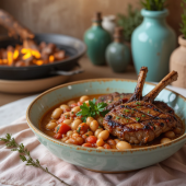 White Bean Tomato Stew with Grilled Lamb Chops
